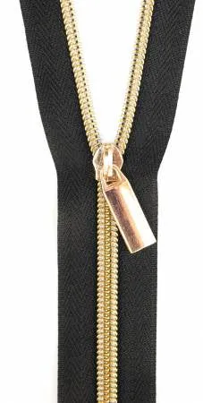 Black #5 Nylon Gold Coil Zippers: 3 Yards with 9 Pulls - Sallie Tomato