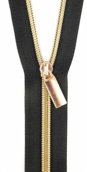 Black #5 Nylon Gold Coil Zippers: 3 Yards with 9 Pulls - Sallie Tomato