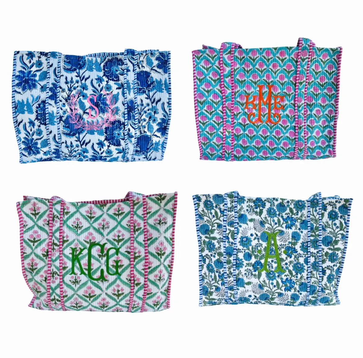 Blue and white quilted block print tote bag monogram available