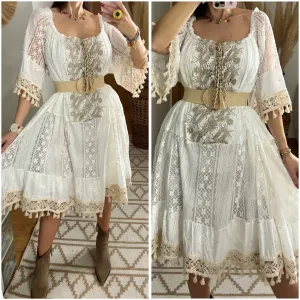 Boho Chic Midi Dress with Lace and Embroidery