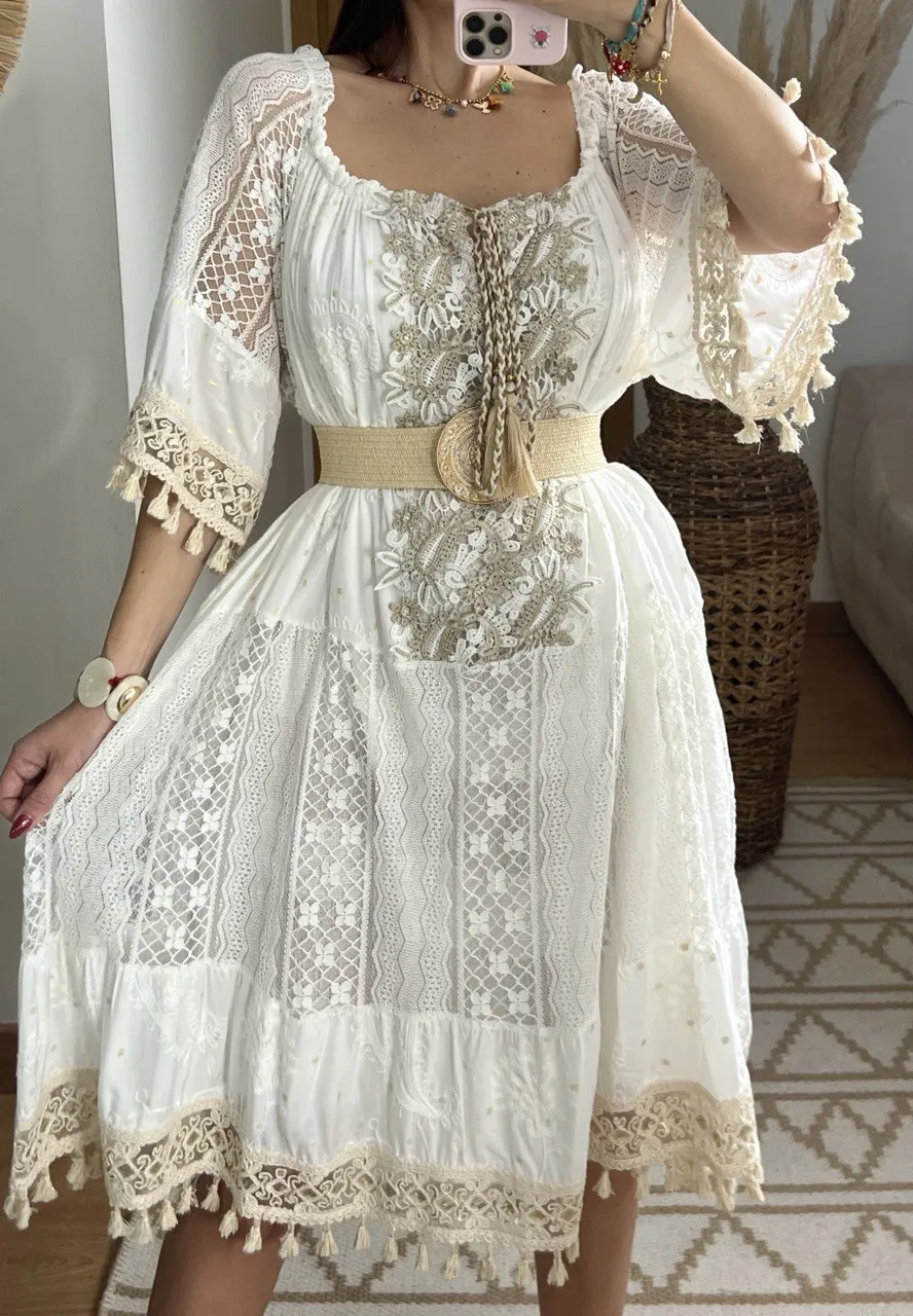 Boho Chic Midi Dress with Lace and Embroidery