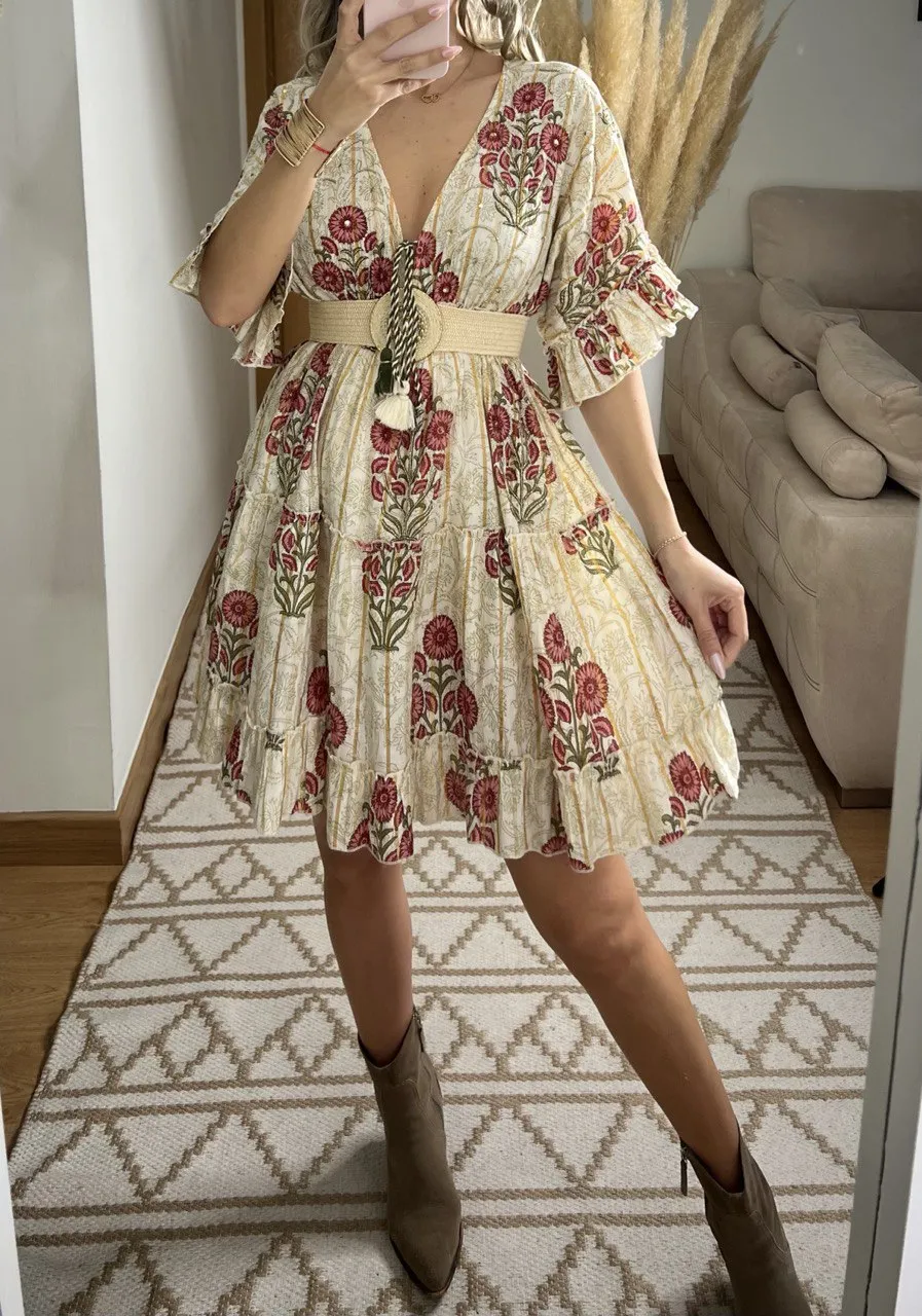 Boho Chic Mini Dress  Hand-Embroidered Details