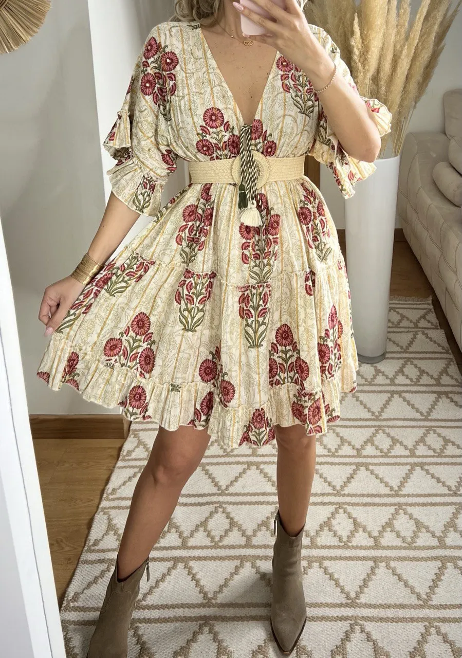 Boho Chic Mini Dress  Hand-Embroidered Details