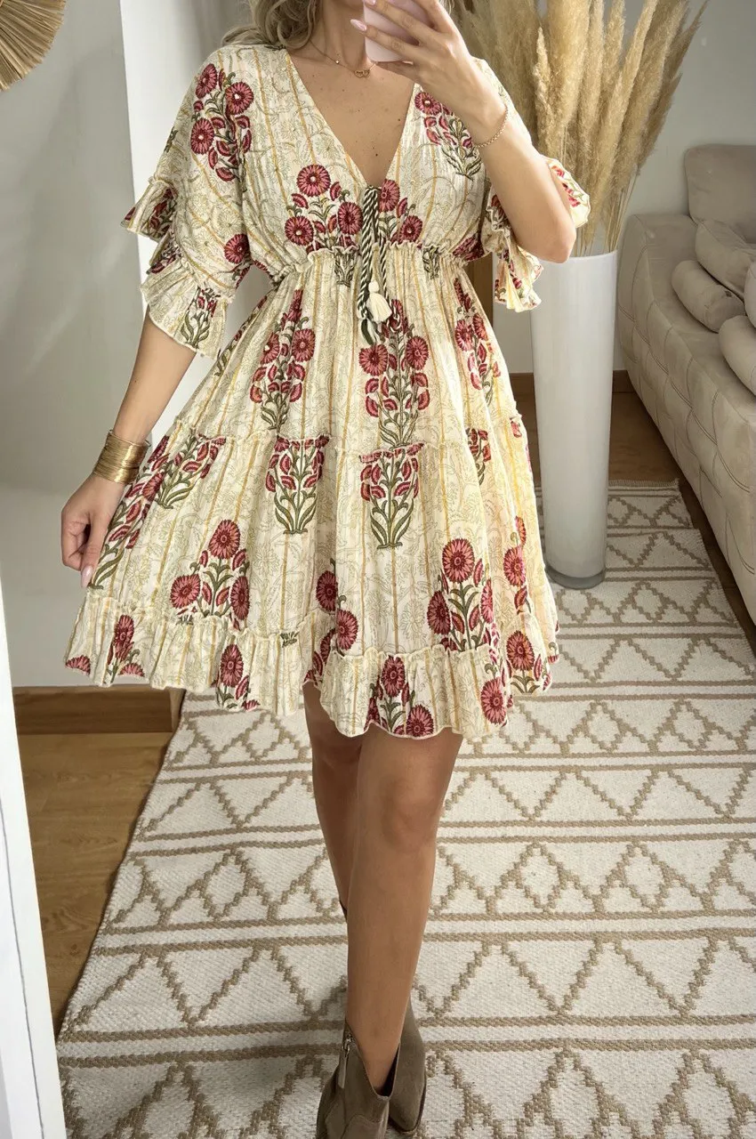 Boho Chic Mini Dress  Hand-Embroidered Details