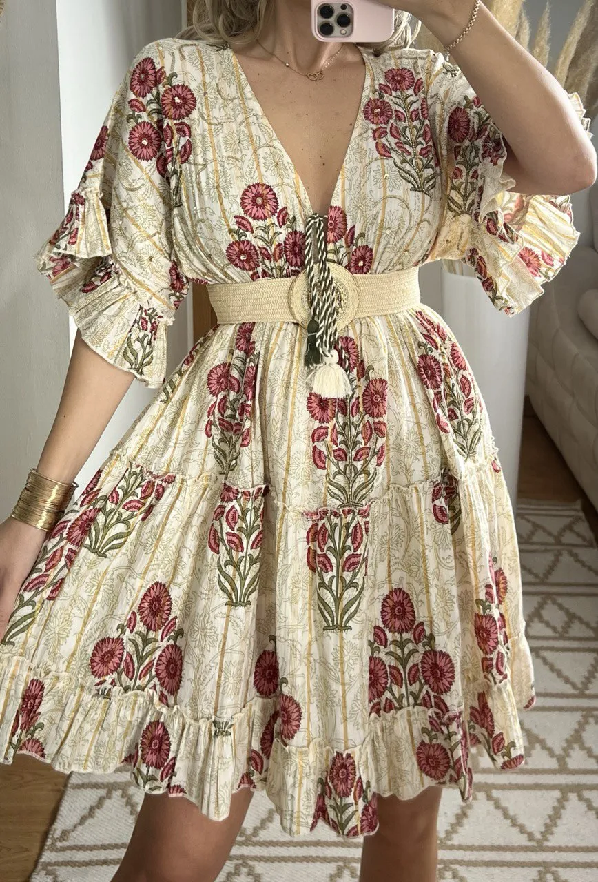 Boho Chic Mini Dress  Hand-Embroidered Details