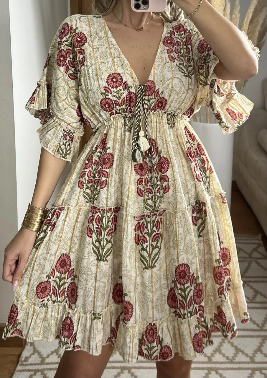 Boho Chic Mini Dress  Hand-Embroidered Details