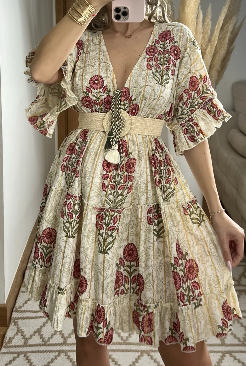 Boho Chic Mini Dress  Hand-Embroidered Details