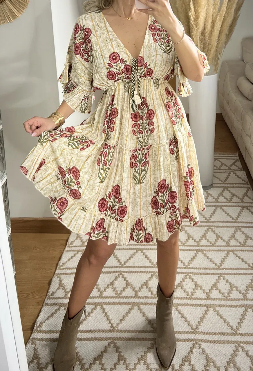 Boho Chic Mini Dress  Hand-Embroidered Details