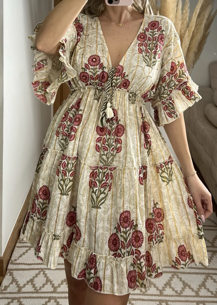 Boho Chic Mini Dress  Hand-Embroidered Details