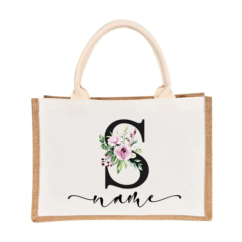 Bridesmaids Floral Design Canvas-Jute-Burlap Tote Bags-Custom Personalized with Initial and Name