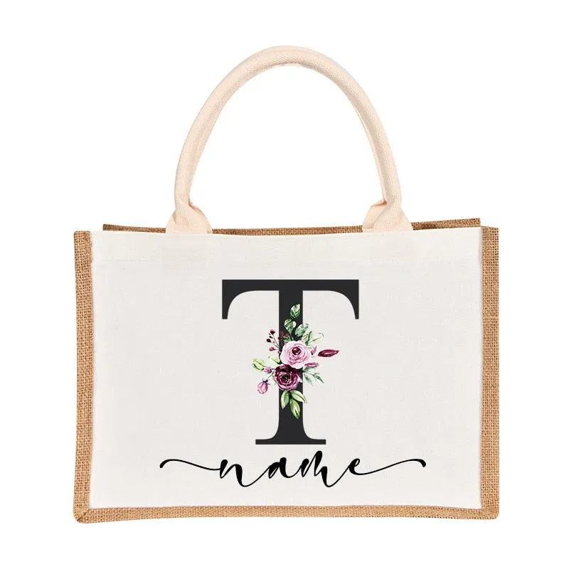 Bridesmaids Floral Design Canvas-Jute-Burlap Tote Bags-Custom Personalized with Initial and Name