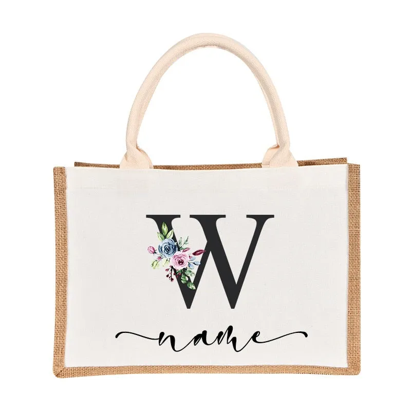 Bridesmaids Floral Design Canvas-Jute-Burlap Tote Bags-Custom Personalized with Initial and Name