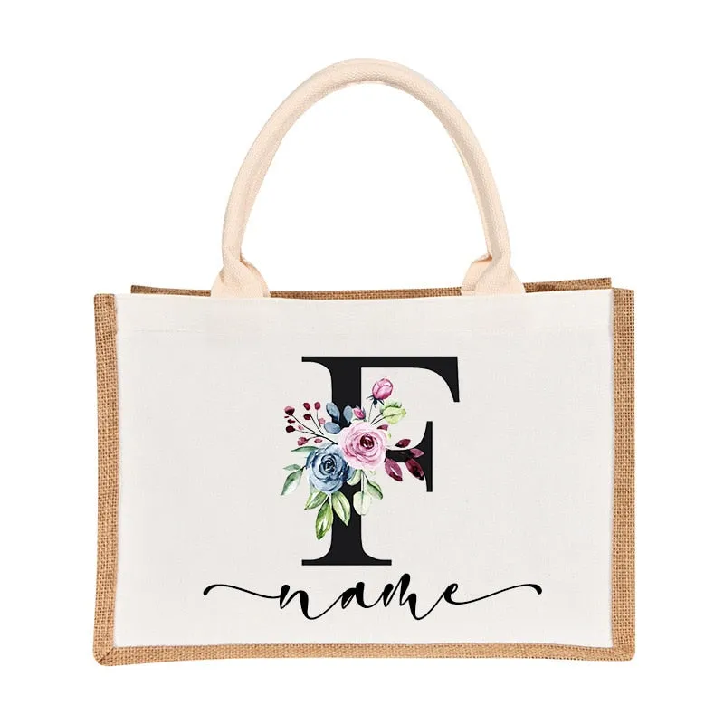 Bridesmaids Floral Design Canvas-Jute-Burlap Tote Bags-Custom Personalized with Initial and Name