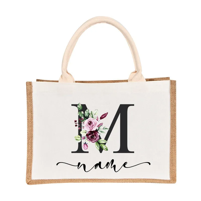 Bridesmaids Floral Design Canvas-Jute-Burlap Tote Bags-Custom Personalized with Initial and Name