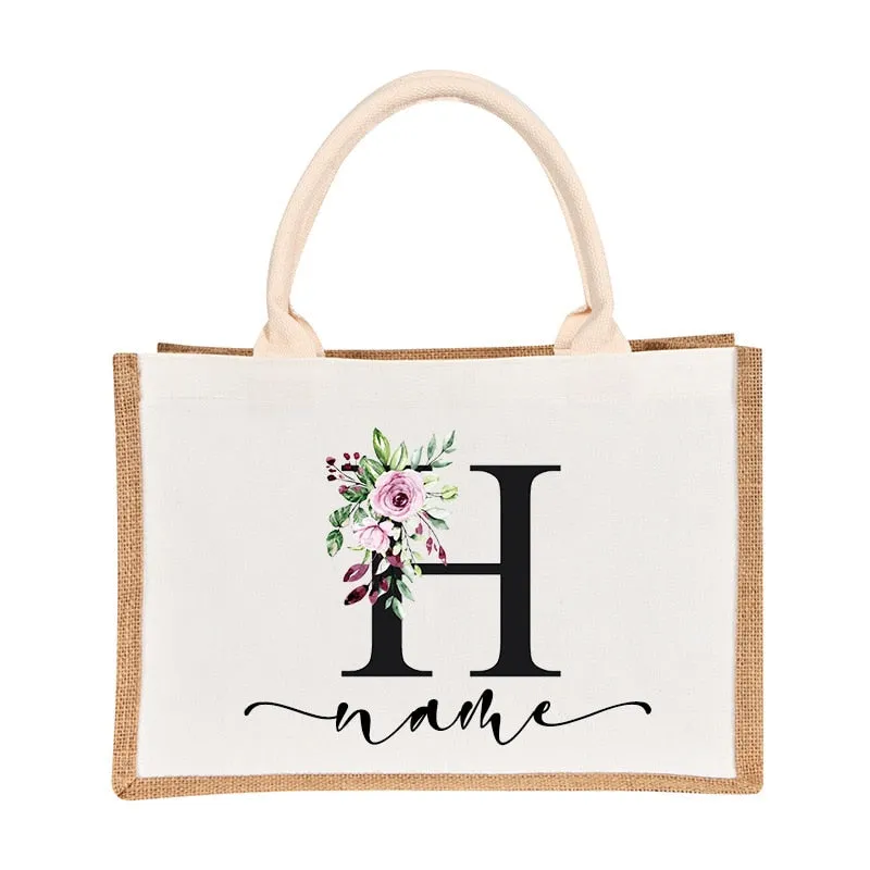 Bridesmaids Floral Design Canvas-Jute-Burlap Tote Bags-Custom Personalized with Initial and Name