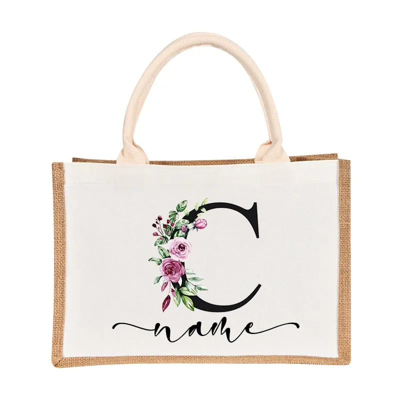 Bridesmaids Floral Design Canvas-Jute-Burlap Tote Bags-Custom Personalized with Initial and Name