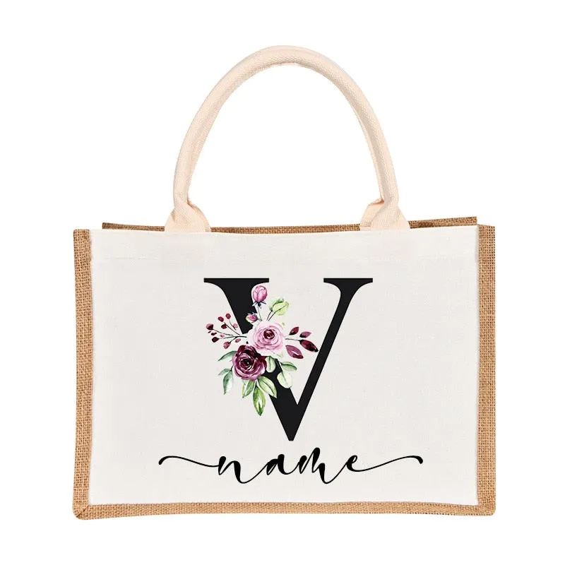 Bridesmaids Floral Design Canvas-Jute-Burlap Tote Bags-Custom Personalized with Initial and Name