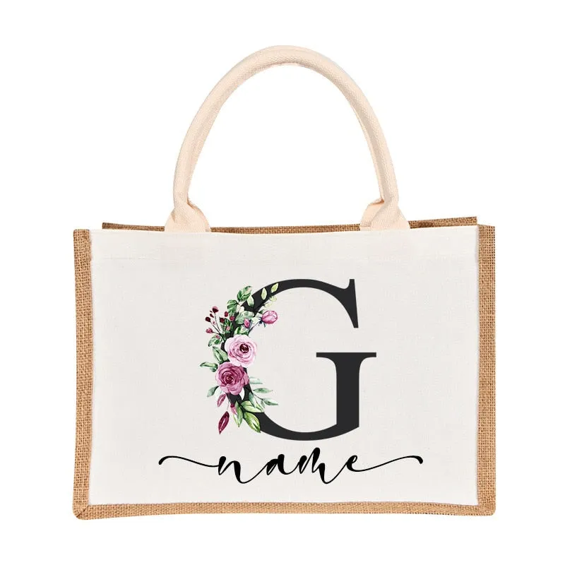 Bridesmaids Floral Design Canvas-Jute-Burlap Tote Bags-Custom Personalized with Initial and Name