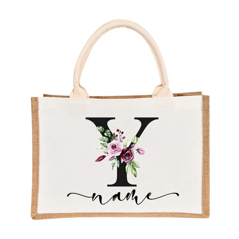Bridesmaids Floral Design Canvas-Jute-Burlap Tote Bags-Custom Personalized with Initial and Name