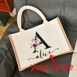 Bridesmaids Floral Design Canvas-Jute-Burlap Tote Bags-Custom Personalized with Initial and Name