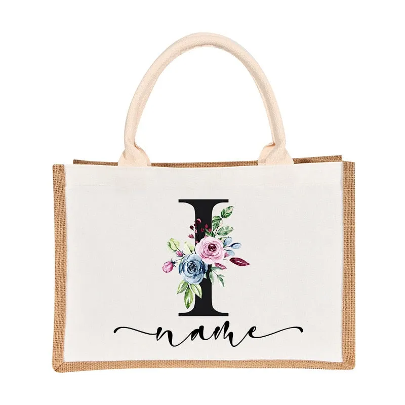 Bridesmaids Floral Design Canvas-Jute-Burlap Tote Bags-Custom Personalized with Initial and Name