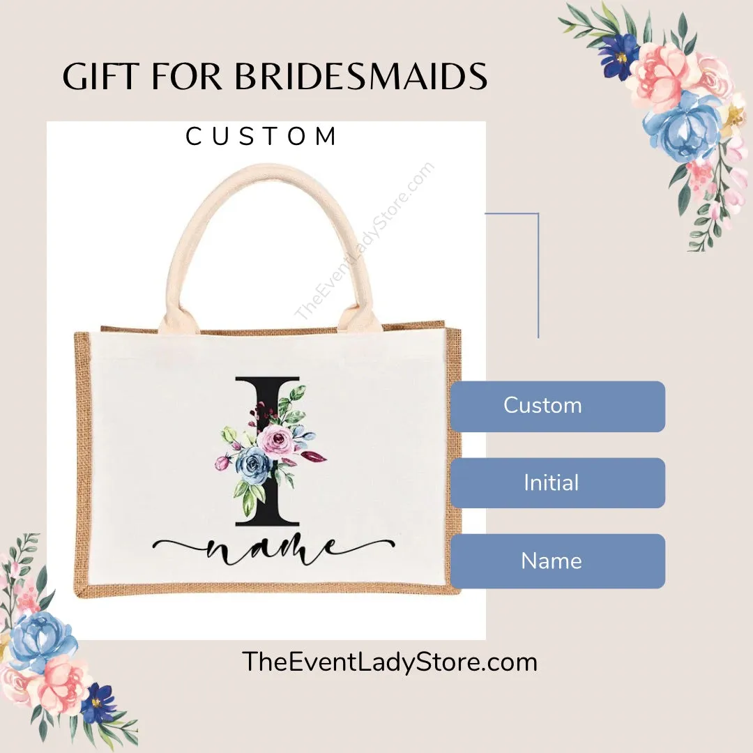 Bridesmaids Floral Design Canvas-Jute-Burlap Tote Bags-Custom Personalized with Initial and Name