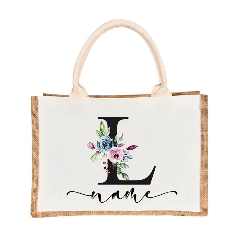 Bridesmaids Floral Design Canvas-Jute-Burlap Tote Bags-Custom Personalized with Initial and Name