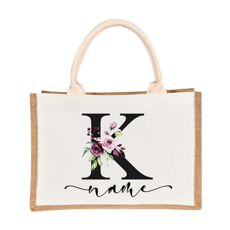 Bridesmaids Floral Design Canvas-Jute-Burlap Tote Bags-Custom Personalized with Initial and Name