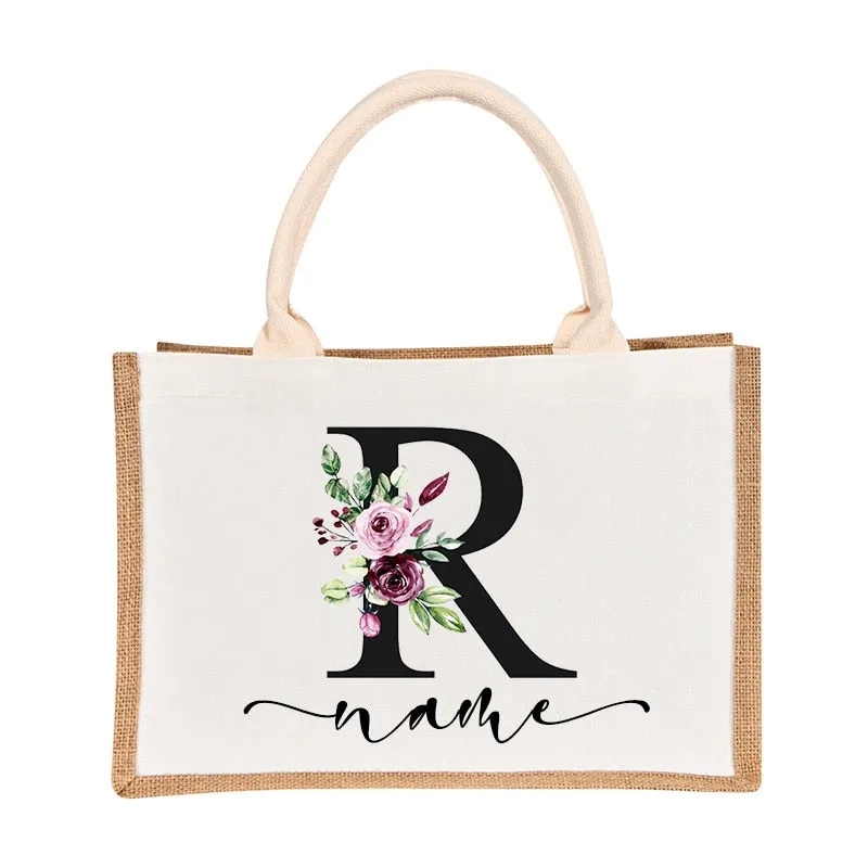 Bridesmaids Floral Design Canvas-Jute-Burlap Tote Bags-Custom Personalized with Initial and Name