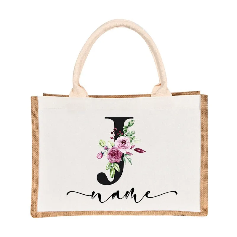 Bridesmaids Floral Design Canvas-Jute-Burlap Tote Bags-Custom Personalized with Initial and Name