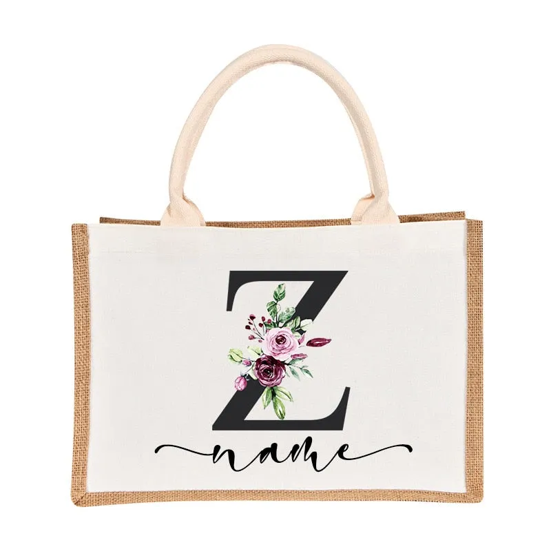 Bridesmaids Floral Design Canvas-Jute-Burlap Tote Bags-Custom Personalized with Initial and Name