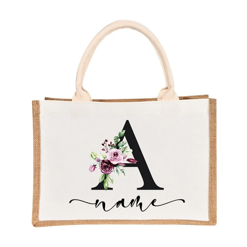 Bridesmaids Floral Design Canvas-Jute-Burlap Tote Bags-Custom Personalized with Initial and Name