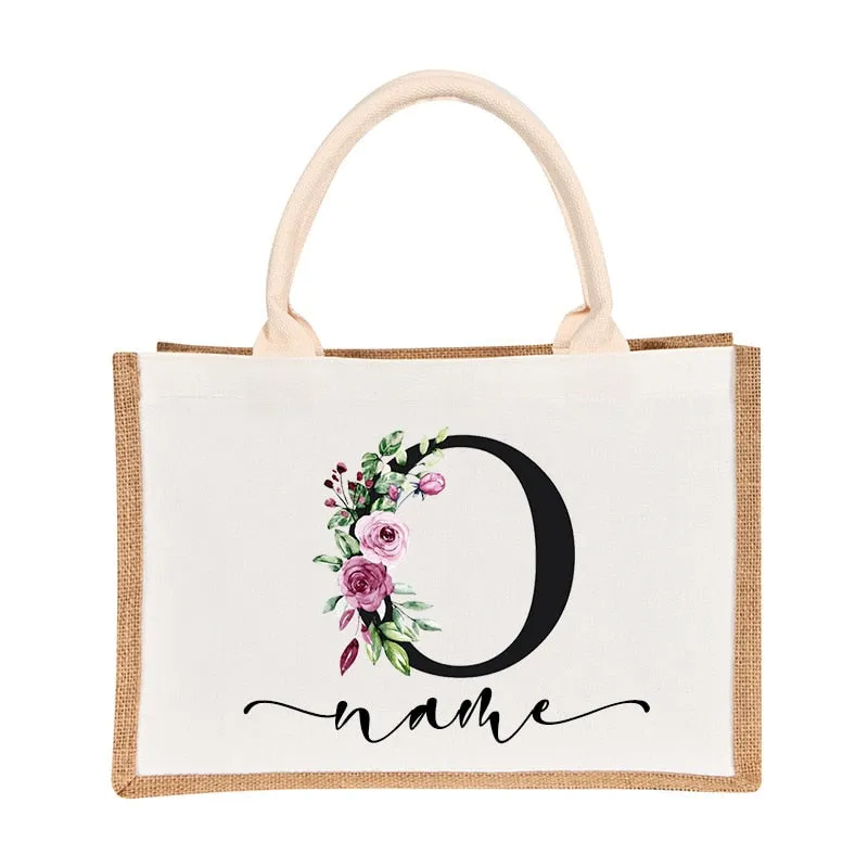 Bridesmaids Floral Design Canvas-Jute-Burlap Tote Bags-Custom Personalized with Initial and Name