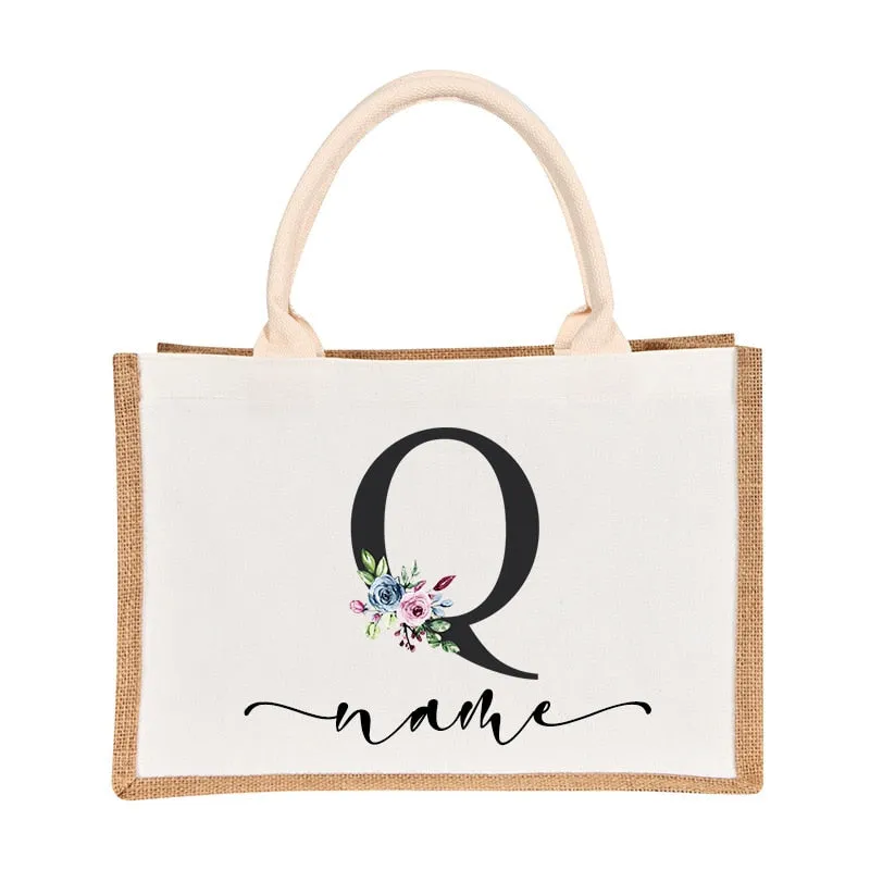 Bridesmaids Floral Design Canvas-Jute-Burlap Tote Bags-Custom Personalized with Initial and Name