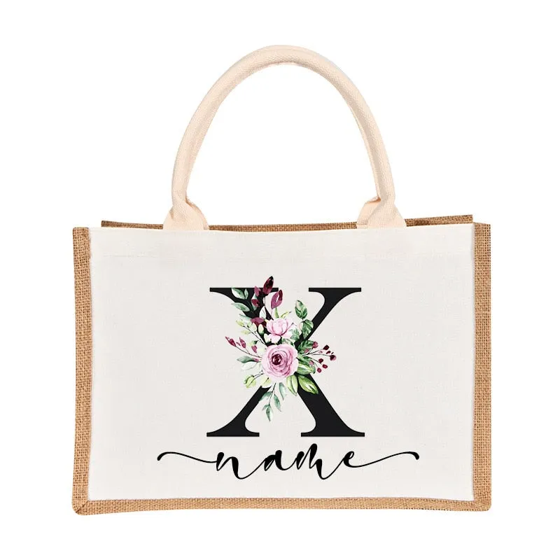 Bridesmaids Floral Design Canvas-Jute-Burlap Tote Bags-Custom Personalized with Initial and Name