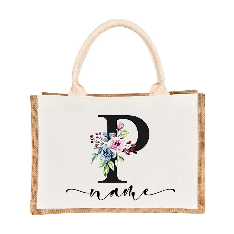 Bridesmaids Floral Design Canvas-Jute-Burlap Tote Bags-Custom Personalized with Initial and Name