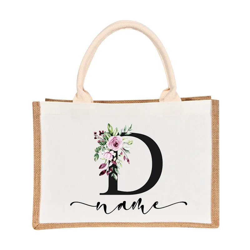 Bridesmaids Floral Design Canvas-Jute-Burlap Tote Bags-Custom Personalized with Initial and Name