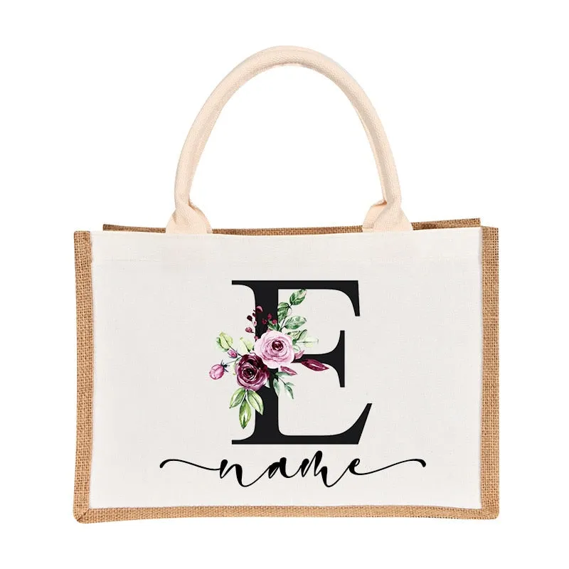 Bridesmaids Floral Design Canvas-Jute-Burlap Tote Bags-Custom Personalized with Initial and Name