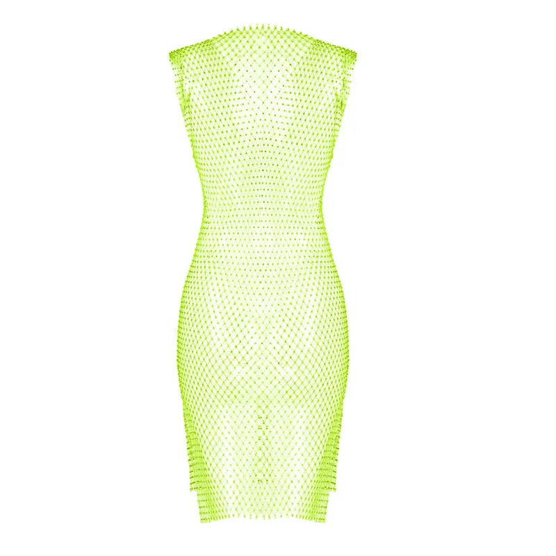 EVELINA Diamond Crystal Fishnet Grid Mini Dress Bikini Cover Up