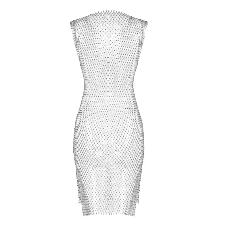 EVELINA Diamond Crystal Fishnet Grid Mini Dress Bikini Cover Up