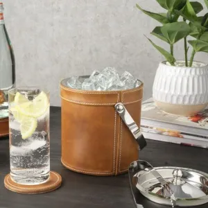 Faux Leather Stitched Ice Bucket with Tongs