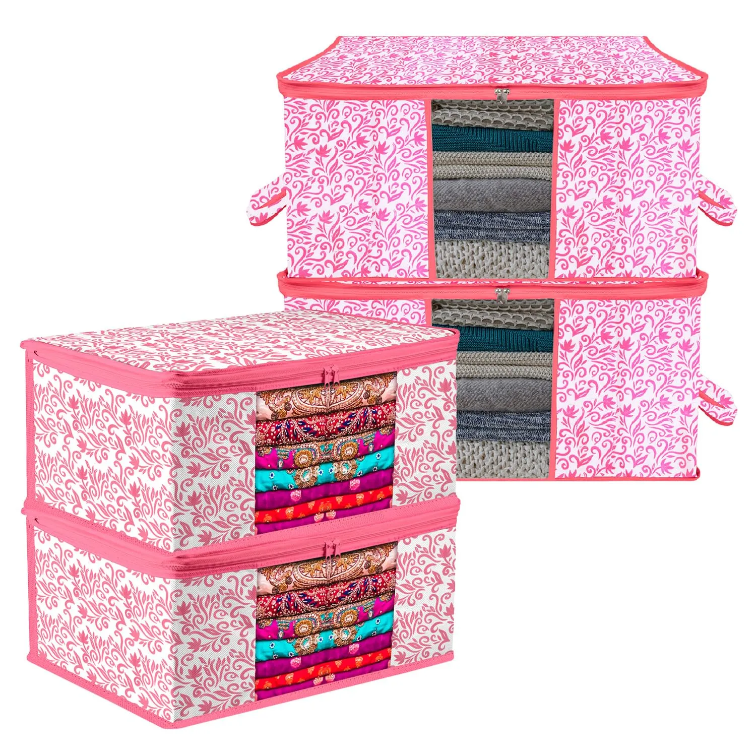 Kuber Industries Saree Cover & Underbed Stoarge Bag Set | 2 Pieces Saree & 2 Pieces Underbed Storage Bag Combo Set | Zipper Closure & Handle | Leaf-Design | Set of 4 | Pink