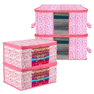 Kuber Industries Saree Cover & Underbed Stoarge Bag Set | 2 Pieces Saree & 2 Pieces Underbed Storage Bag Combo Set | Zipper Closure & Handle | Leaf-Design | Set of 4 | Pink