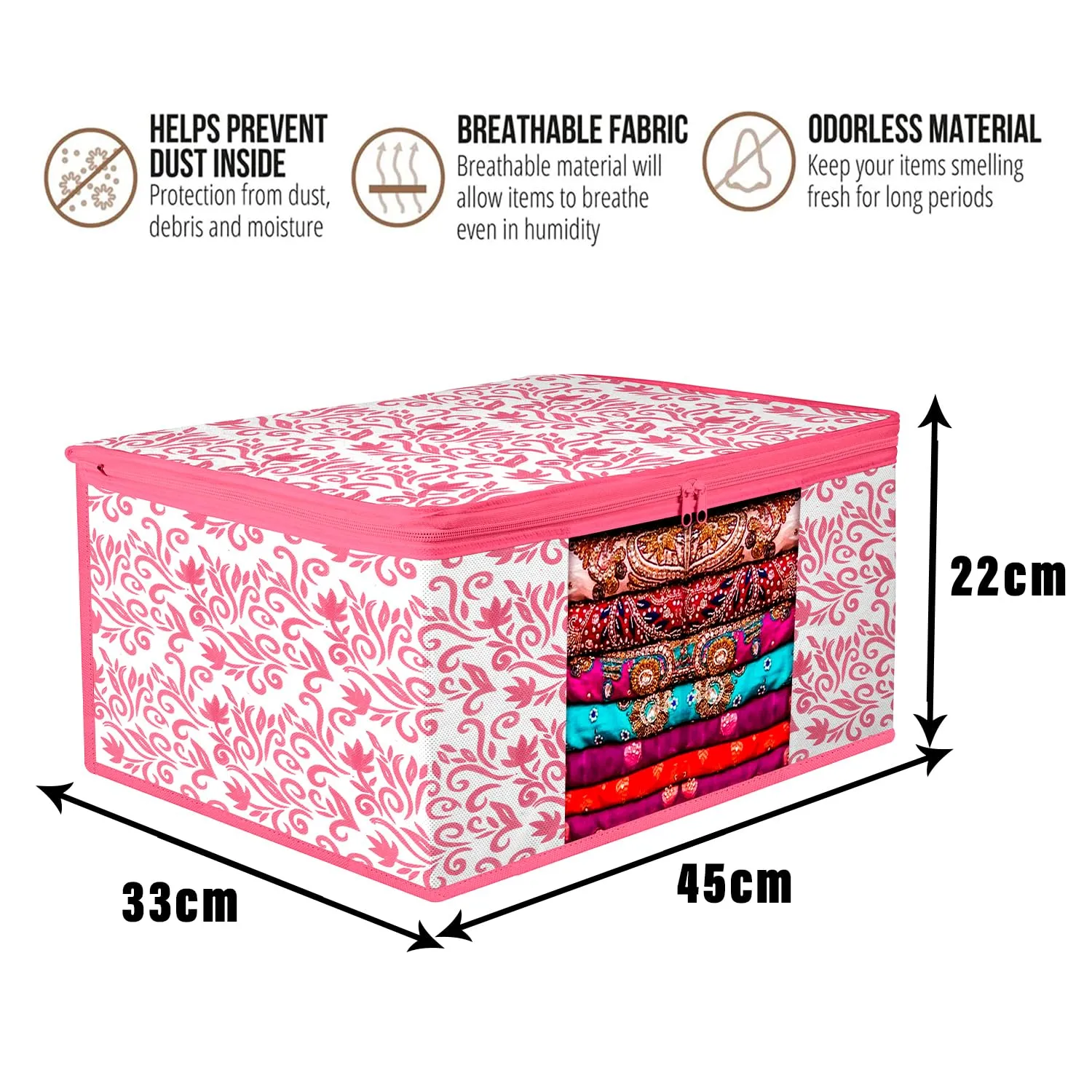 Kuber Industries Saree Cover & Underbed Stoarge Bag Set | 2 Pieces Saree & 2 Pieces Underbed Storage Bag Combo Set | Zipper Closure & Handle | Leaf-Design | Set of 4 | Pink