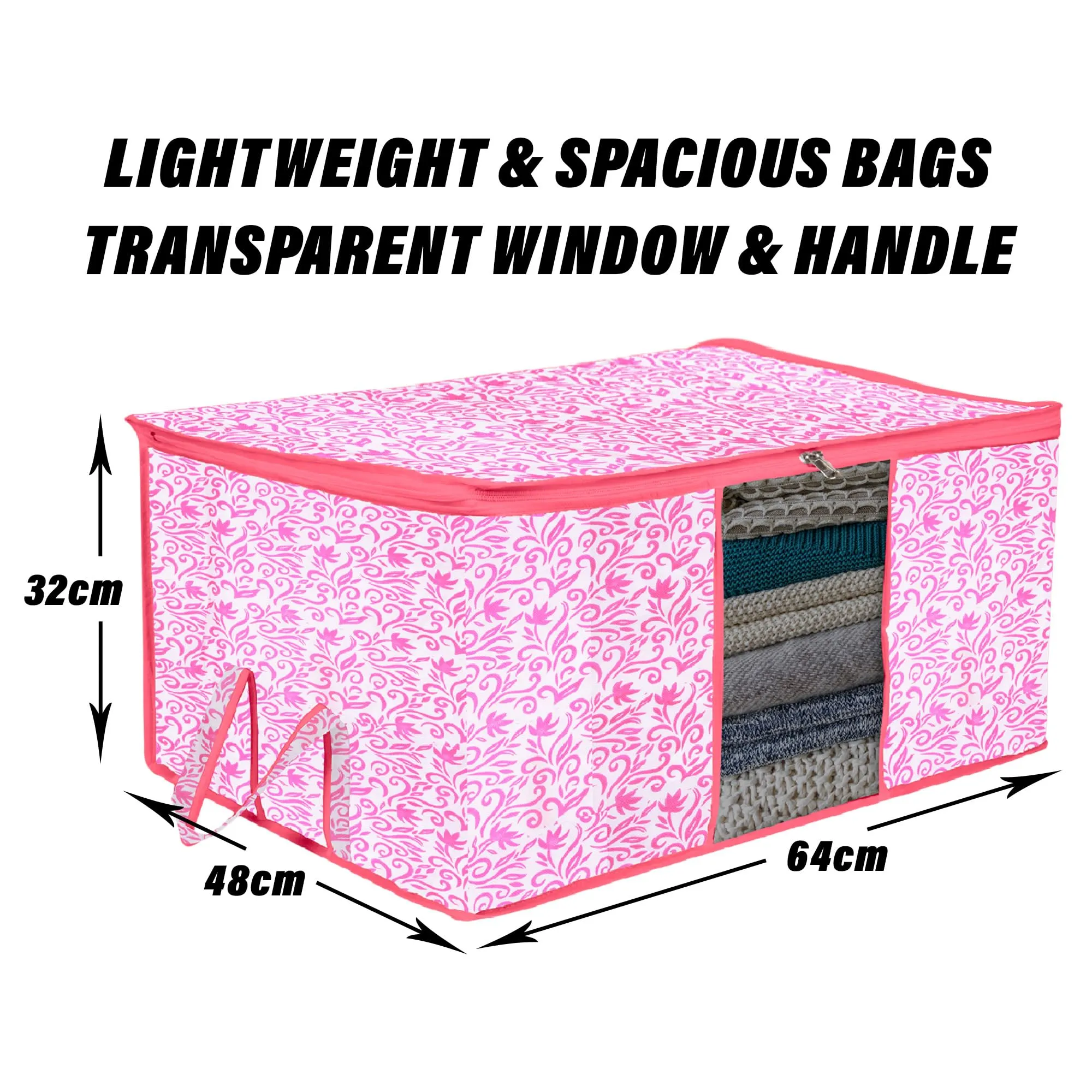 Kuber Industries Saree Cover & Underbed Stoarge Bag Set | 2 Pieces Saree & 2 Pieces Underbed Storage Bag Combo Set | Zipper Closure & Handle | Leaf-Design | Set of 4 | Pink