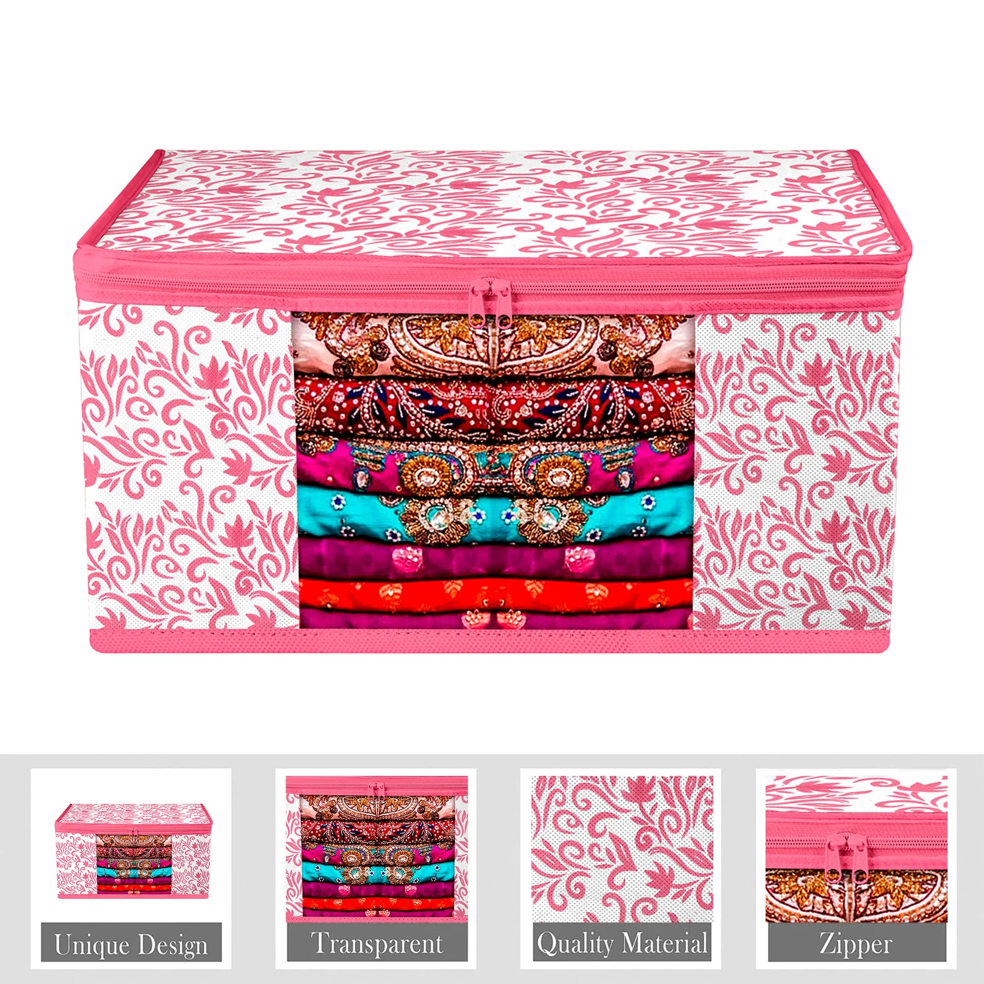 Kuber Industries Saree Cover & Underbed Stoarge Bag Set | 2 Pieces Saree & 2 Pieces Underbed Storage Bag Combo Set | Zipper Closure & Handle | Leaf-Design | Set of 4 | Pink