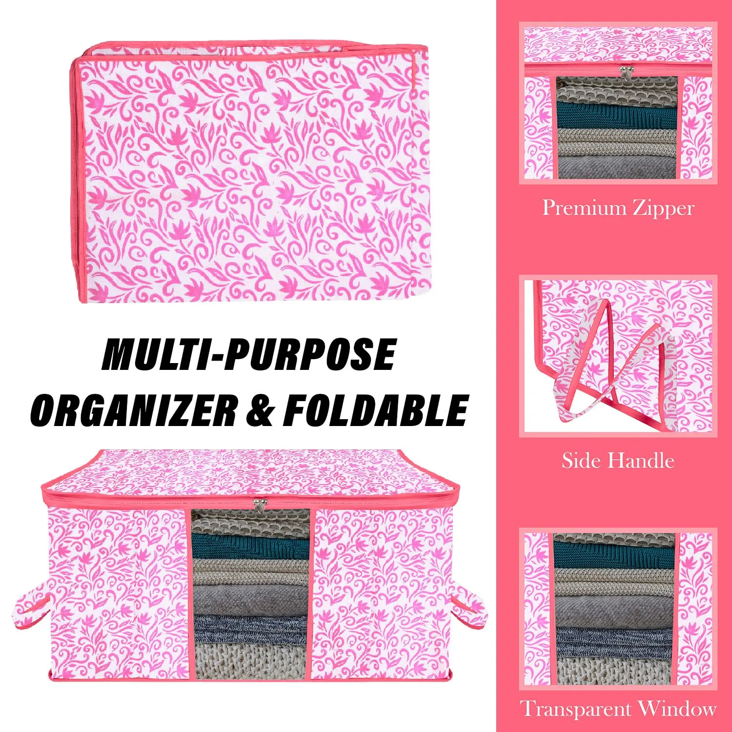 Kuber Industries Saree Cover & Underbed Stoarge Bag Set | 2 Pieces Saree & 2 Pieces Underbed Storage Bag Combo Set | Zipper Closure & Handle | Leaf-Design | Set of 4 | Pink
