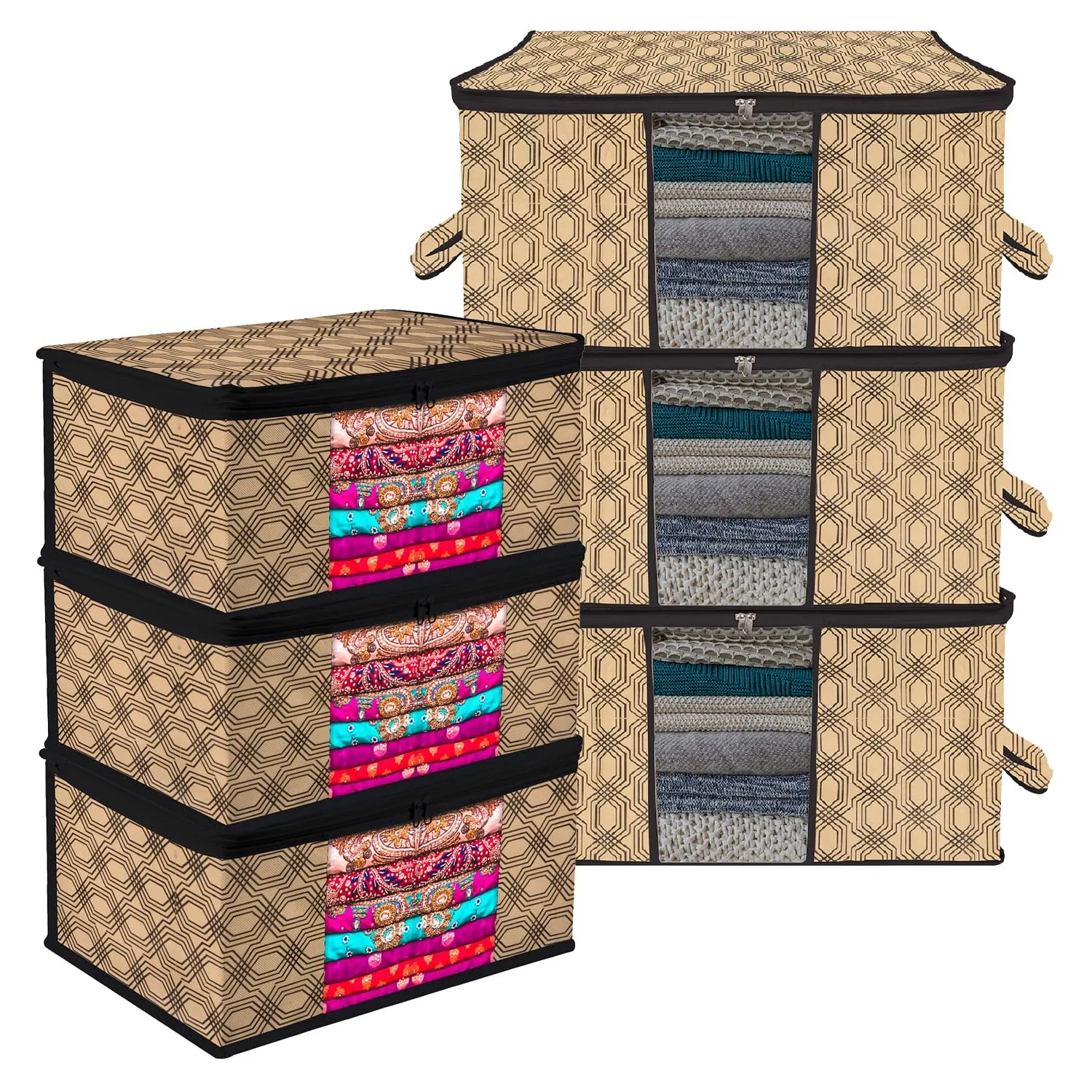 Kuber Industries Saree Cover & Underbed Stoarge Bag Set | 3 Pieces Saree & 3 Pieces Underbed Storage Bag Combo Set | Zipper Closure & Handle | Honeycomb-Design | Set of 6 | Coffee