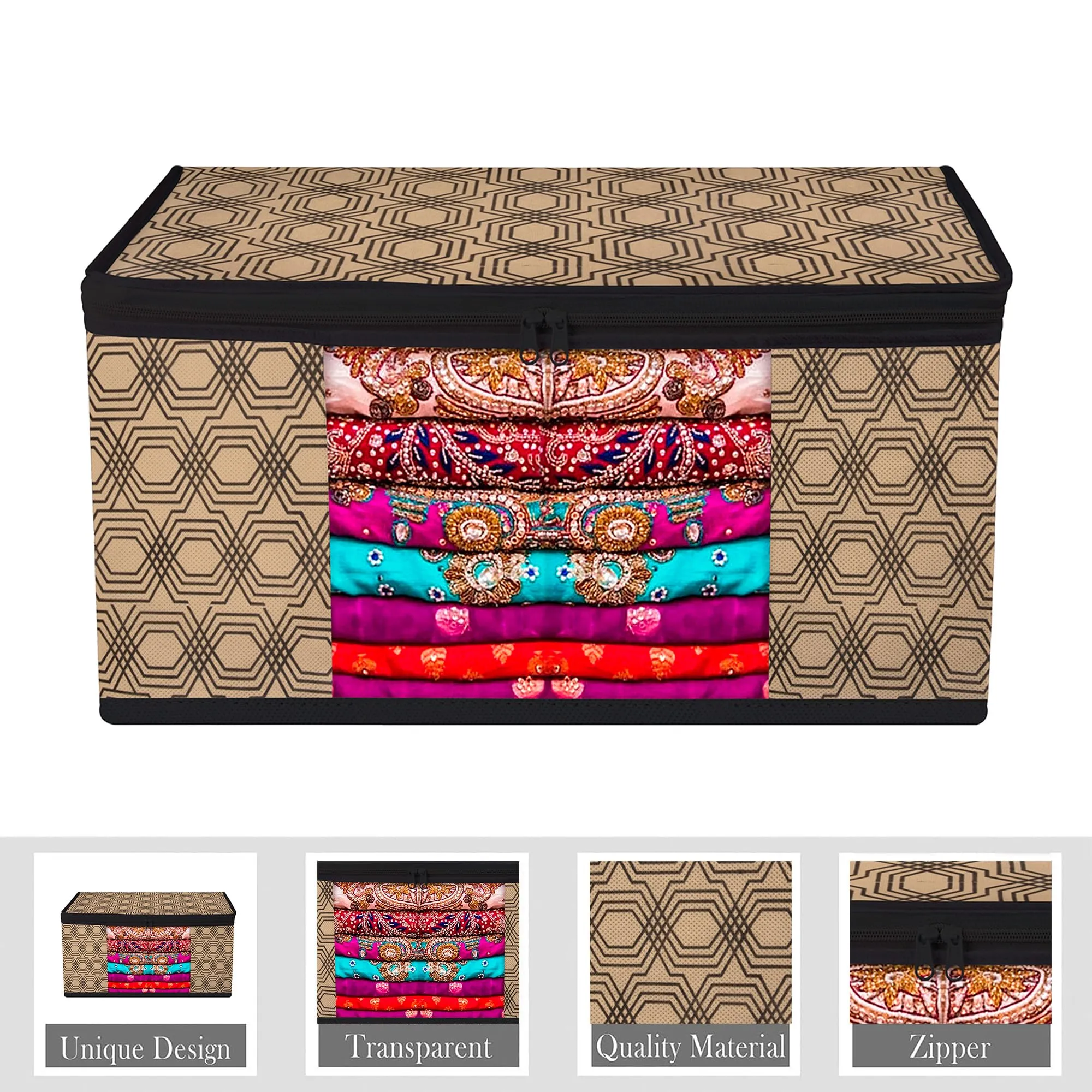 Kuber Industries Saree Cover & Underbed Stoarge Bag Set | 3 Pieces Saree & 3 Pieces Underbed Storage Bag Combo Set | Zipper Closure & Handle | Honeycomb-Design | Set of 6 | Coffee