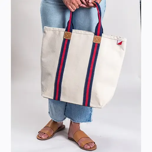 Navy Red Society Canvas Tote Bag with Leather Customize